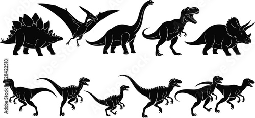 Black Silhouette of Dinosaurs Vector Set Including T-Rex, Triceratops, Raptor, Stegosaurus, and Pterodactyl for Prehistoric, Jurassic, and Paleontology Design.