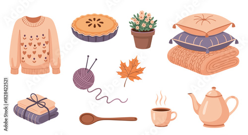 Cozy autumn illustrations featuring a sweater, pie, yarn, pillows, and a teapot with steaming coffee.