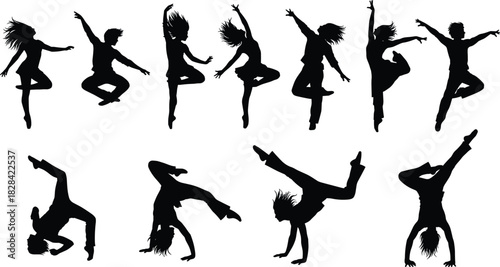 Black Silhouette of Dynamic Dancers Vector Set Showing Different Jumps, Ballet, Hip Hop, and Breakdance Poses for Art, Performance, and Studio Design.