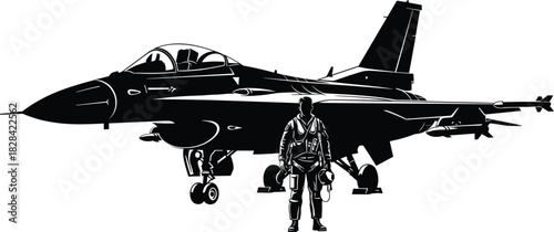 Black Silhouette of F-16 Fighting Falcon Fighter Jet and Military Pilot Vector Illustration for Air Force, Combat, War, Aviation, and Defense Design.