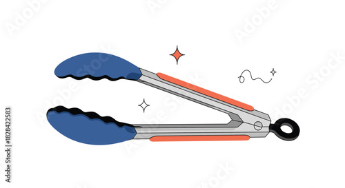 Illustration of a pair of kitchen tongs with blue grips and orange accents on a white background.