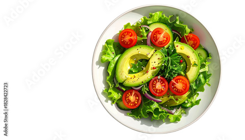 Fresh healthy vegetarian food, tomato and cucumber salad with lettuce on a white plate.