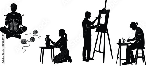 Black Silhouette of People Doing Hobbies Vector Set Including Knitting, Pottery, Painting, and Crafting for Leisure, Art, Handmade, and Creative Design.