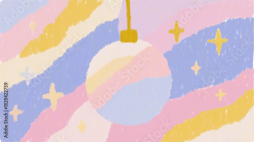 Christmas festive ornament (wallpaper, poster, banner) with pastel pink, blue, yellow hues, star accents & textured brush style on soft color background. Holiday decor in gentle, cheerful style.