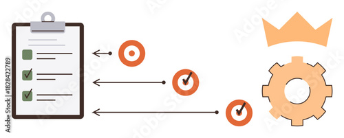 Clipboard checklist, arrows leading to checked targets, gear with crown on top. Ideal for planning, productivity, task management, goals, achievement leadership and success. A simple flat metaphor