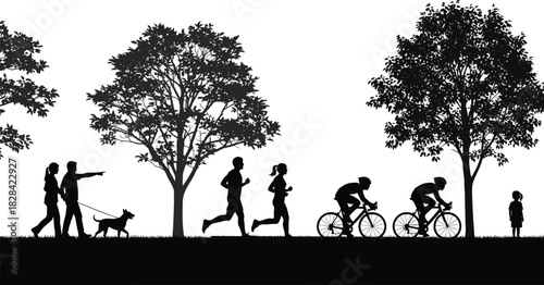Black silhouettes of people walking, jogging, and cycling in a public park with trees, representing outdoor fitness, leisure, and recreation activities vector.