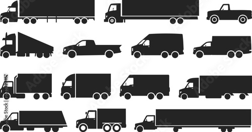 Silhouettes of commercial trucks and vans in black vector style for transport, delivery, logistics, construction, and utility vehicle design