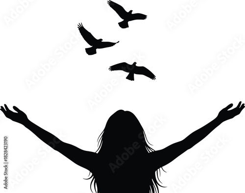 Silhouette woman raising arms with flying birds above, symbolizing freedom, hope, nature connection, peace, and emotional release in black vector