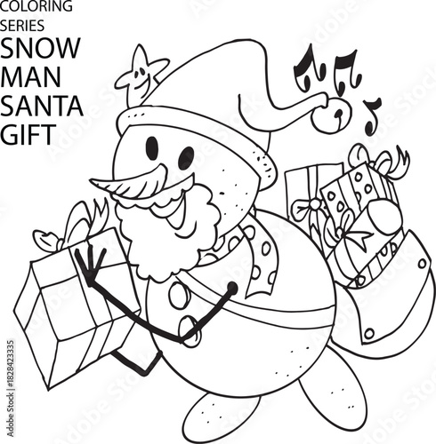 line art vector snowman with gifts
