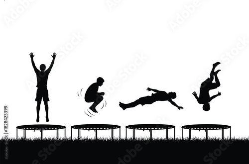 Silhouette sequence of person doing trampoline backflip outdoors, showing dynamic motion, athletic skill, and acrobatic technique in vector style.