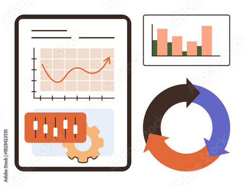 Graphs tracking trends, bar chart, candlestick chart with gear and cyclic arrow diagram. Ideal for analytics, finance, business strategy, growth, data trends, optimization simple flat metaphor