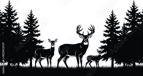 Buck with Antlers, Doe, and Fawn in Pine Trees and Grass for Hunting, 