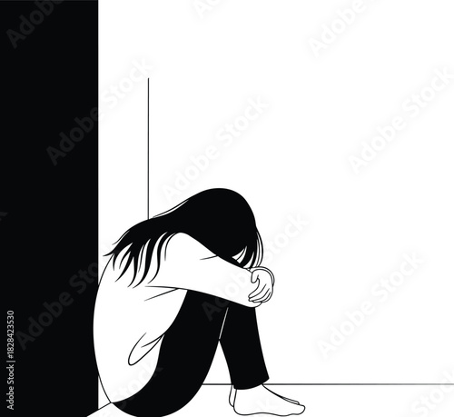 Sad woman sitting alone in corner of room, depression anxiety solitude concept, emotional mental health crisis black and white illustration