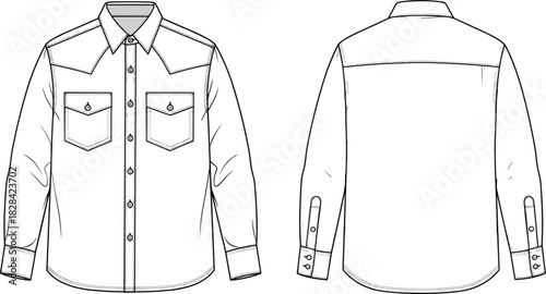 Classic Western Denim Shirt with Pointed Yokes and Snap Button Pockets Vector Technical Flat Illustration, Men's Long Sleeve Button-Up Apparel Design.