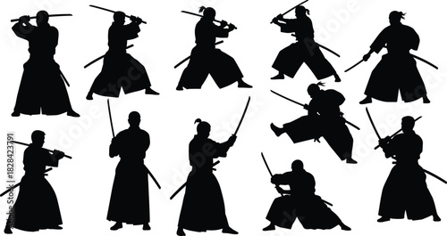 Collection of Dynamic Samurai Warrior Silhouettes in Various Katana Sword Fighting Poses for Martial Arts Vector Illustration Set