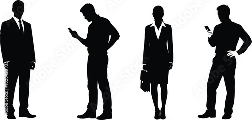 Corporate Executives Using Smartphone, Texting, Digital Communication, Full-Body Professional Graphic.