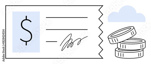 Signed check alongside stacked coins and cloud icon representing currency exchange, banking, e-payments, business finance, payroll, savings, and fintech. Ideal for a simple flat metaphor