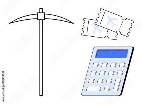 Mining pickaxe, two airline tickets, and calculator symbolizing travel, budgeting, resource management, financial planning, exploration, vacation planning and goal setting. A simple flat metaphor