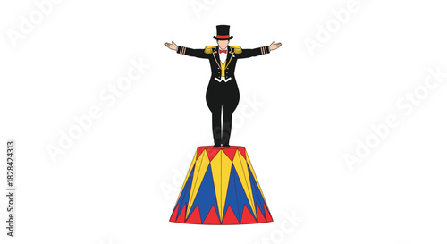 Circus ringmaster in formal attire stands with arms outstretched atop a colorful pedestal.