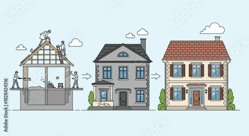 Illustration showing the stages of building a house from foundation to completion.