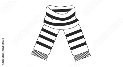 Black and white striped scarf with fringe detail, isolated on a white background.