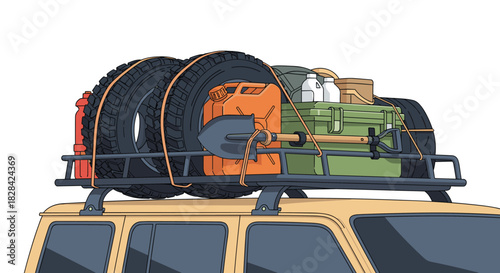 Off road vehicle with roof rack loaded with supplies for adventure travel.