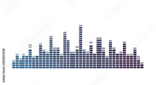 Sound equalizer bars visualized as a cityscape with gradient blue and purple hues.