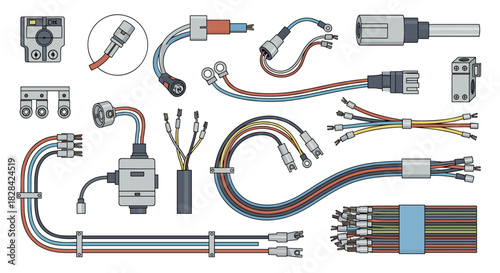 Collection of various electrical connectors, wiring harnesses, and cables for industrial applications.
