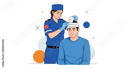 Paramedic bandages the head of an injured person with a blue uniform and cap.