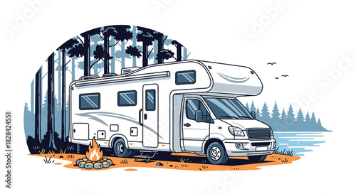 White camper van parked next to a campfire in a forest by a lake.