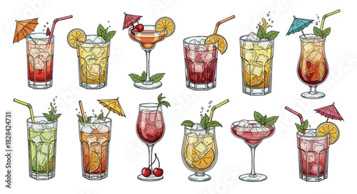 Collection of colorful illustrated cocktails with garnishes and umbrellas, ready for summer drinks.