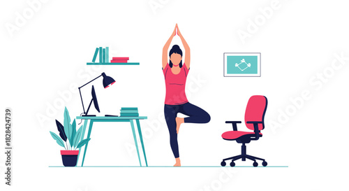 Woman practicing yoga tree pose in a home office with desk and chair.