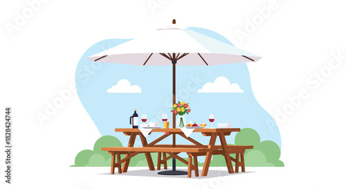 Outdoor picnic table set with wine and food under a large umbrella.