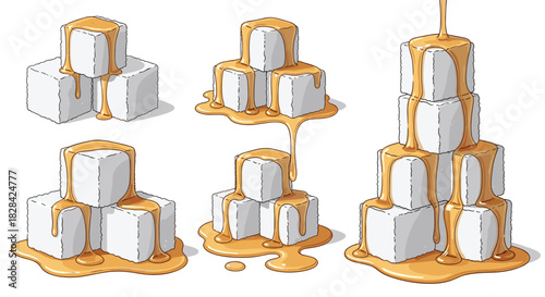 Several stacks of white sugar cubes are drizzled with golden caramel sauce.