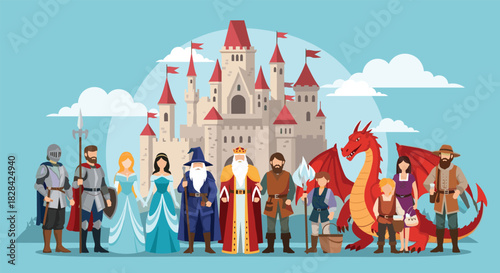 Fantasy characters and a castle with a dragon under a cloudy sky.