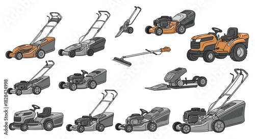 Collection of various garden and lawn care equipment, including lawnmowers and tools.