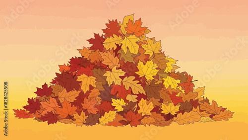 A large, colorful pile of autumn leaves in various shades of red, orange, and yellow, set against a warm, gradient background.