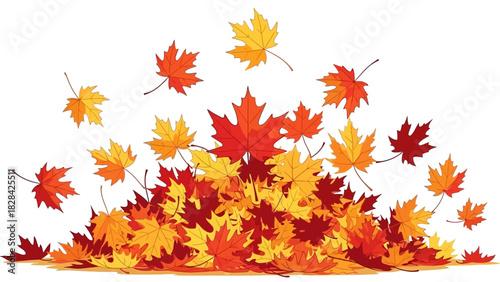 A vibrant illustration of a pile of colorful autumn leaves with some falling.