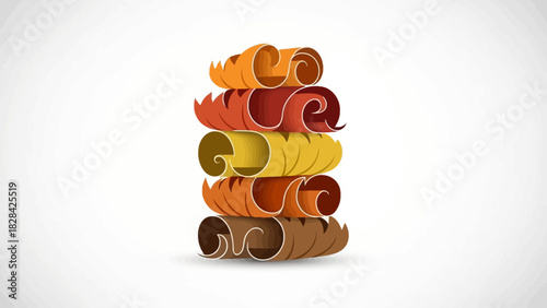 A stack of colorful, curled, ribbon-like pasta shapes in warm tones isolated on a white background.