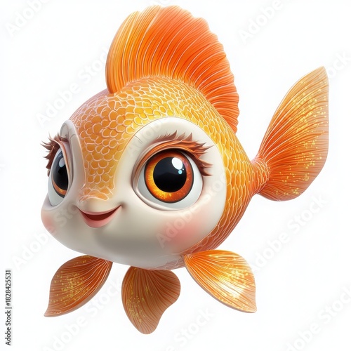 Adorable cartoon goldfish character with big eyes and a sweet smile, perfect for children's book illustrations and educational materials, cute aquatic pet