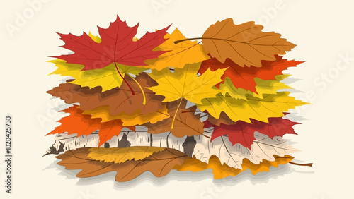 A vibrant pile of assorted autumn leaves in various fall colors like red, orange, yellow, and brown, creating a rich seasonal texture.