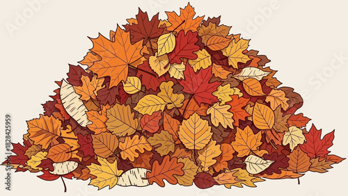A vibrant illustration of a large, colorful pile of autumn leaves in various shades of red, orange, yellow, and brown, depicting the fall season.