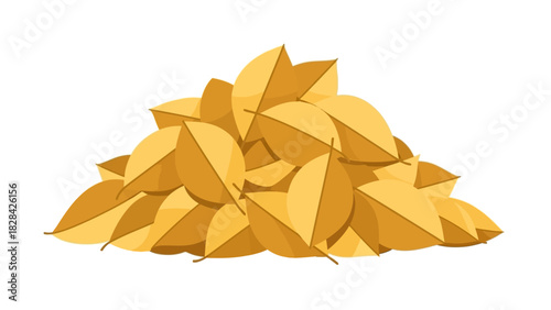 A large pile of golden yellow fallen autumn leaves isolated on a white background.