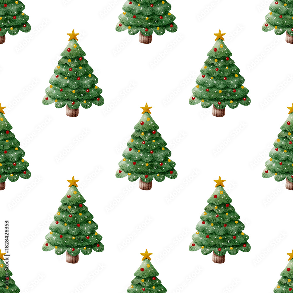 Fototapeta premium Cute Watercolor Christmas Tree Seamless Pattern