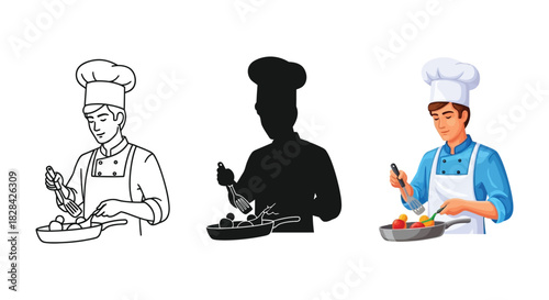 Chef cooking illustration in three styles outline, silhouette and color
