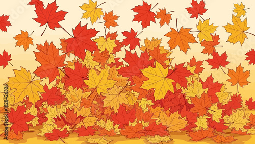 A vibrant illustration of red, orange, and yellow autumn maple leaves falling onto a large pile on the ground.