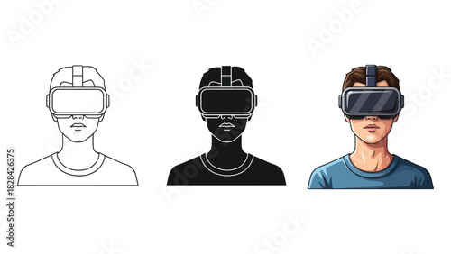 Three illustrations of people wearing virtual reality headsets, in outline, silhouette and color styles