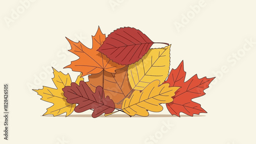 Illustration of a pile of colorful autumn leaves in various shapes and sizes.