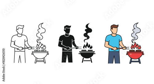 Man grilling food a barbecue, with line art, silhouette and color illustrations