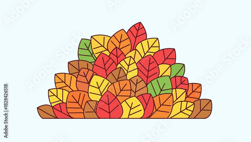 A colorful pile of autumn leaves in shades of red, orange, yellow, and green, forming a semicircular mound against a light blue background.